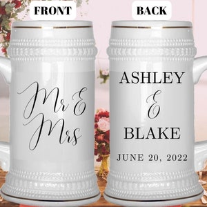 Custom Wedding Beer Stein, Personalized Wedding Cups, 22oz Ceramic Beer Stein, Custom Beer Mug, Bride and Groom Cups, Wedding Table Decor