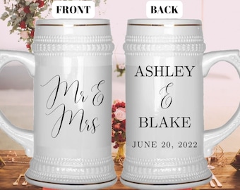 Custom Wedding Beer Stein, Personalized Wedding Cups, 22oz Ceramic Beer Stein, Custom Beer Mug, Bride and Groom Cups, Wedding Table Decor