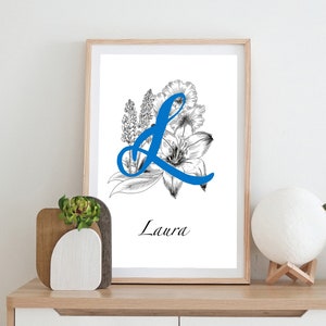 Impresión del alfabeto de flores, Letra L, Impresión personalizada de letras, Guardería del dormitorio, Decoración de la oficina, Arte de pared personalizado