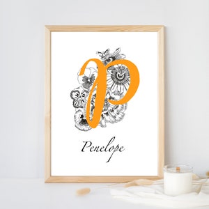 Flower Alphabet Print, Letter P, Personalised Letter Print, Bedroom Nursery, Office Decor, Personalised Wall Art