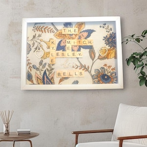 Bespoke Classical floral print frame with crafted wooden Scrabble tiles, Add any names or words to make a Fantastic gift for any occasion