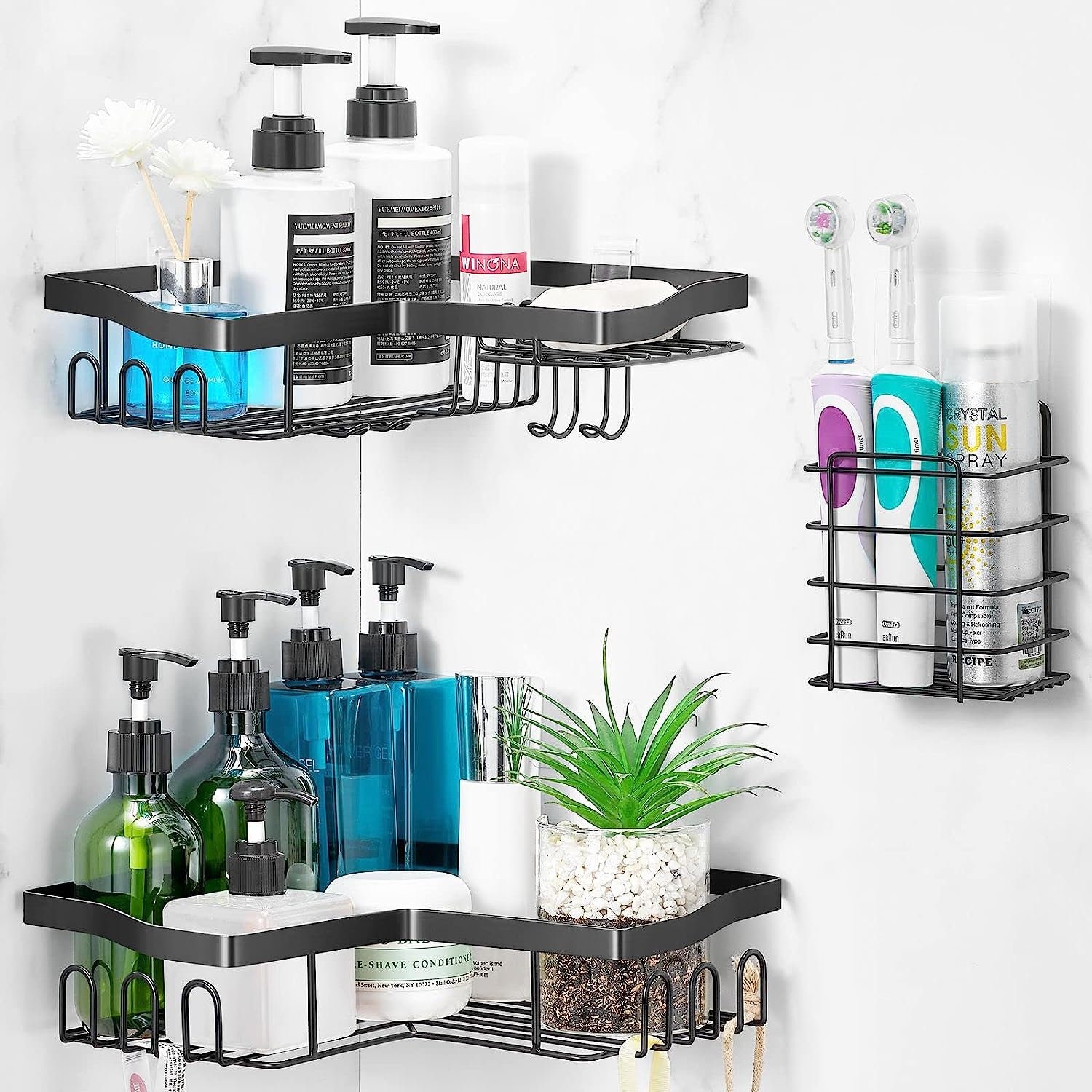 Orimade Corner Shower Caddy Stainless Steel with Hooks Wall Mounted Bathroom Shelf Storage Organizer Adhesive No Drilling 2 Pack