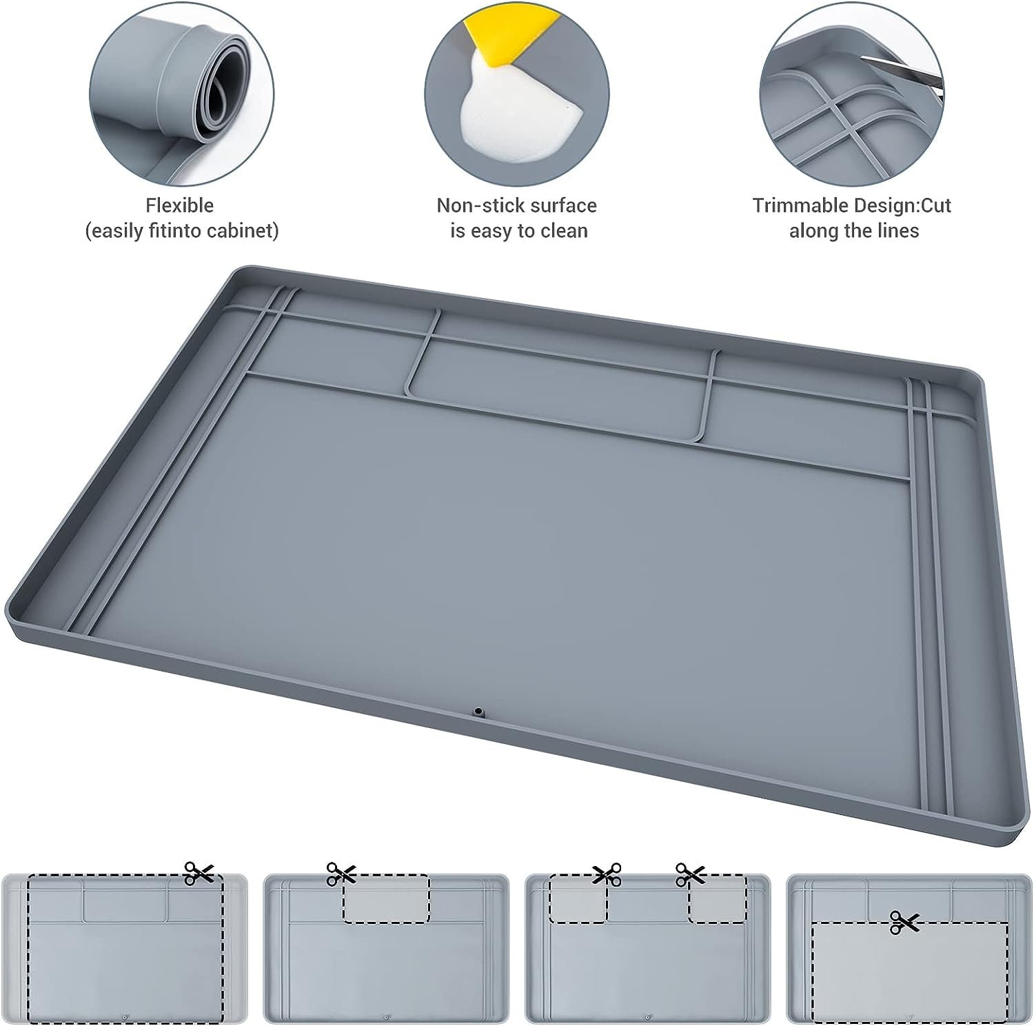 RAY STAR Under Sink Mats Waterproof Cut to Fit 34''x22'' Gray Sink Cabinet  Mat Under Sink Silicone Mat With Hole Under Bathroom Sink Mat 