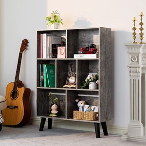 Cube Bookshelf 3 Tier Mid-Century Modern Bookcase with Legs, Free Standing Open Book Shelves, Rustic Brown Display Bookcases for Living Room