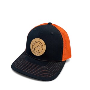 Alpine Howl Trucker Hat | Navy Front, Orange Mesh Back | Leather Patch Snapback Outdoor Cap