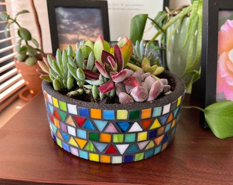 Può includere: Una fioriera rotonda a mosaico piena di piante grasse. La fioriera è decorata con piastrelle colorate in forme geometriche. Le piante grasse hanno foglie verdi, rosse e viola. La fioriera è su una superficie di legno.