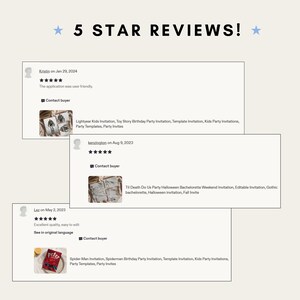Puede incluir: Imagen que muestra rese&ntilde;as de clientes con una calificaci&oacute;n de cinco estrellas. El texto dice "5 STAR REVIEWS!" e incluye comentarios de Kristin, kenzington y Laz. Las rese&ntilde;as mencionan la facilidad de uso y la excelente calidad, con ejemplos de invitaciones.