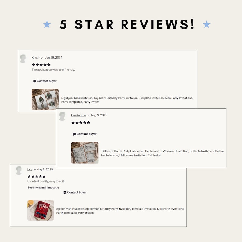 Puede incluir: Imagen que muestra rese&ntilde;as de clientes con una calificaci&oacute;n de cinco estrellas. El texto dice "5 STAR REVIEWS!" e incluye comentarios de Kristin, kenzington y Laz. Las rese&ntilde;as mencionan la facilidad de uso y la excelente calidad, con ejemplos de invitaciones.