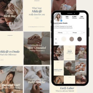 Pode incluir: Um smartphone exibe um perfil de mídia social, "BloomCreator Studio", com postagens sobre gravidez e parto. As postagens incluem texto como "Birth Bag", "Midwife vs Doula" e "Early Labor".