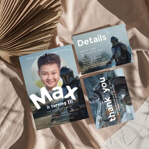 Puede incluir: Tres invitaciones de cumplea&ntilde;os con tem&aacute;tica de Star Wars. La invitaci&oacute;n principal presenta una foto de un ni&ntilde;o y el texto "&iexcl;Max cumple 11 a&ntilde;os!" Otras tarjetas dicen "Detalles" y "gracias".