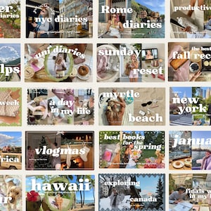 Puede incluir: Un collage de imágenes de estilo de vida con superposiciones de texto. Se presentan destinos de viaje como Roma, Nueva York y Hawái, junto con temas como "vlogmas", "mejores libros para la primavera" y "un día en mi vida."