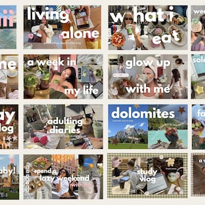 May include: A digital collage of twenty individual social media video thumbnails featuring lifestyle content. Each square contains photographic scenes of travel, food, daily routines, and city life, overlaid with bold white text titles like Hawaii, living alone, what i eat, and fall diaries.