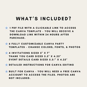 Puede incluir: Gr&aacute;fico color crema con el texto "&iquest;QU&Eacute; INCLUYE?" que enumera los detalles de una plantilla de Canva, incluyendo un archivo PDF, plantillas de fiesta personalizables, invitaciones de 12,7 cm x 17,8 cm y tarjetas de agradecimiento.