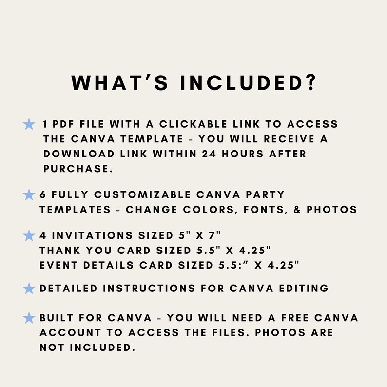 Puede incluir: Gr&aacute;fico color crema con el texto "&iquest;QU&Eacute; INCLUYE?" que enumera los detalles de una plantilla de Canva, incluyendo un archivo PDF, plantillas de fiesta personalizables, invitaciones de 12,7 cm x 17,8 cm y tarjetas de agradecimiento.