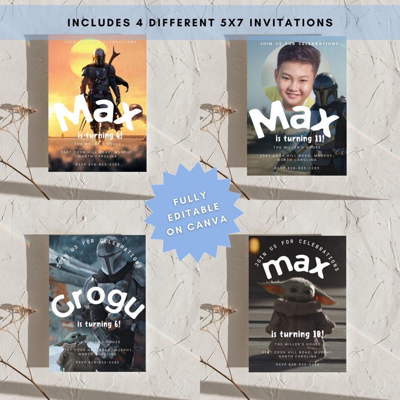 Puede incluir: Cuatro invitaciones de 5x7 con tem&aacute;tica de Star Wars. Cada invitaci&oacute;n presenta un personaje diferente: El Mandaloriano, Grogu y dos con el nombre "Max". Las invitaciones son totalmente editables en Canva.
