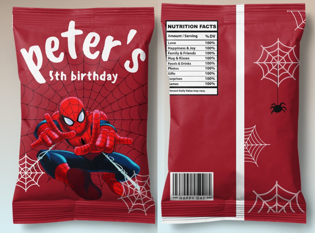 Spiderman Chip Bag, Spiderman Birthday Party Favor, Template Party