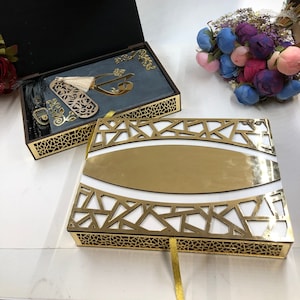 Gepersonaliseerde koran met houten kist, grote koran, kristallen rozenkrans, speciale boekenlegger, luxe parel vergulde toonbank, islamitische geschenkset