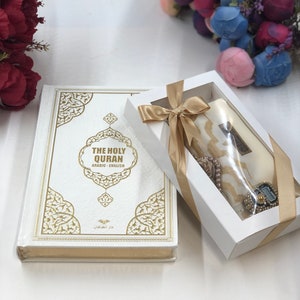 White English Quran, Ramadan Gifts, Islamic Gift, English Thermo Leather Pink Quran Set, Prayer Rug, Crystal Tasbih, Translate Quran Gift