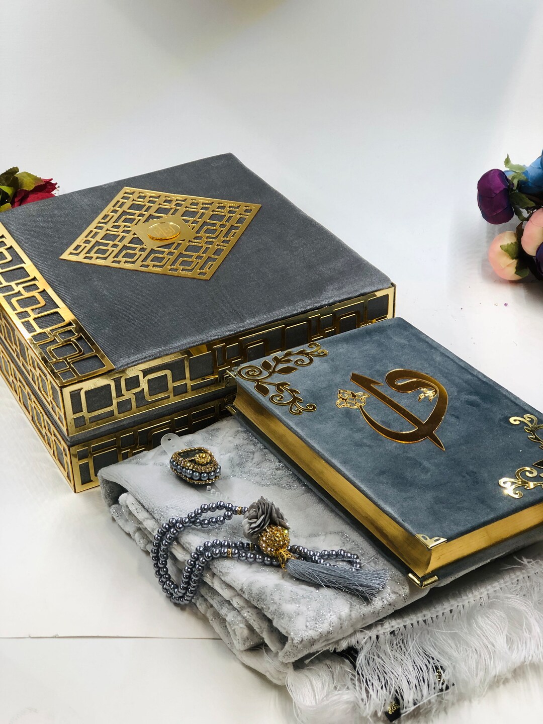 Luxry Plexi & Wooden Box , Quran Gift Set, Islamic Prayer Set , Islamic Gift Set, Prayer Mat