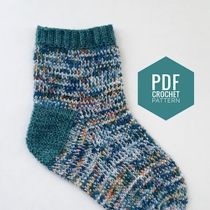May include: A teal and multi-colored crochet sock with a teal heel and toe. The sock is made with a textured stitch and has a speckled yarn. PDF CROCHET PATTERN is written on a teal hexagon.