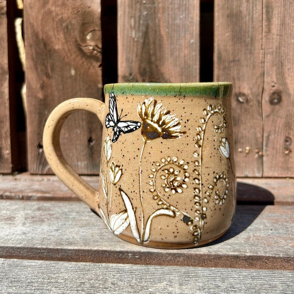 20oz Handmade, Hand Painted Floral Coffee Mugs on Speckled Brown Stone, Green Ceramic Coffee Mug, Each Unique