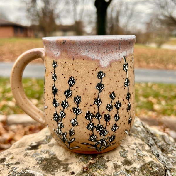 18oz Handmade Black and White Lavender, Floral Mug, On Speckled Brown Stone, Hand Painted Coffee Mug