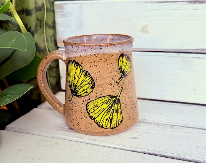 Hand Painted Ginkgo Leaf Mug, Speckled Brown Stone, 12-16oz Capacity