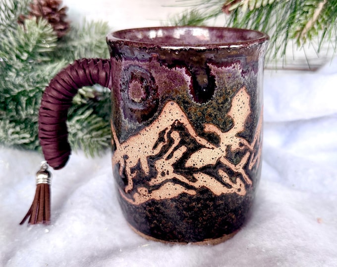 Handmade Ceramic Dragon Mug: Resist Mountain Design With Leather Wrapped Handle