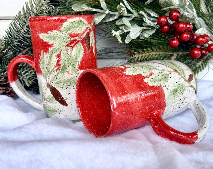 Handmade Hand Painted Winter Pine Ceramic Mug