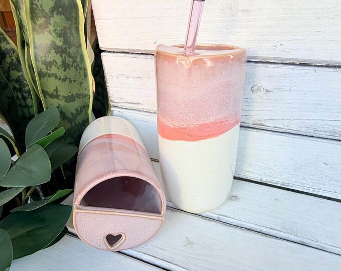 Handmade Pink Ceramic Half-Lid Travel Tumbler, With Heart Shaped Sipper, Glass Straw Included