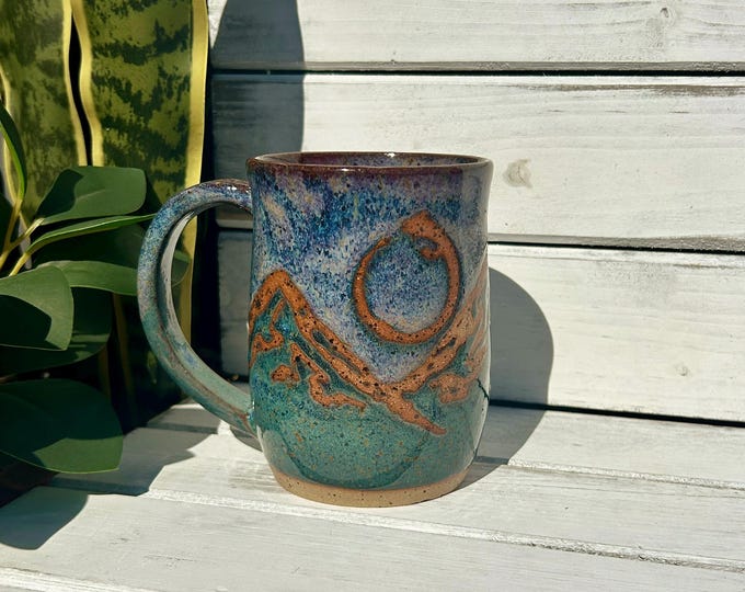 16oz Handmade Flying Dragon Mug, Resist Mountain Mug, Ceramic Coffee Mug, Resist Mountain Mug With Dragon, Each Unique One of a Kind