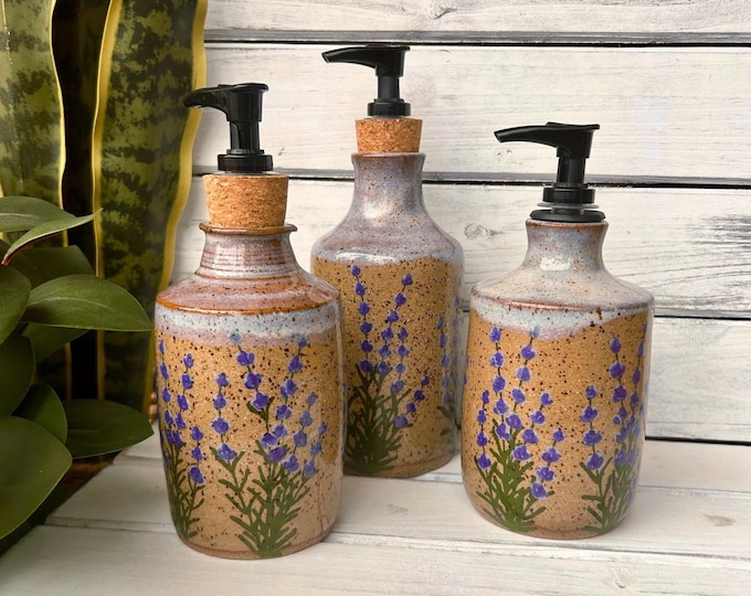 Handmade Ceramic Pump Dispenser, Hand Painted Lavender Soap Dispenser