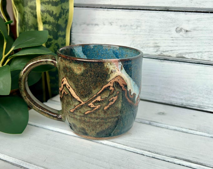 18oz Handmade Resist Mountain Mug, Each Unique, Ceramic Coffee Mug