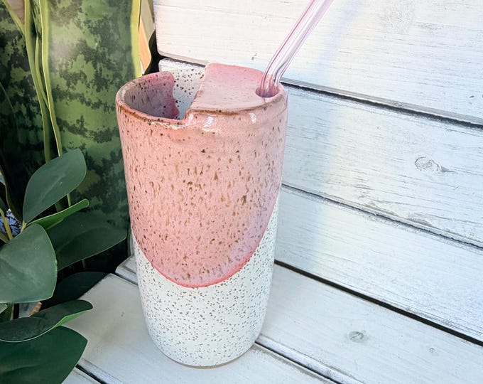 18oz Handmade Pink Ceramic Half-Lid Travel Tumbler, With Reusable Pink Glass Straw