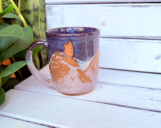 16oz Handmade Ceramic Flying Dragon Mug, Blue Resist Mountain Coffee Cup