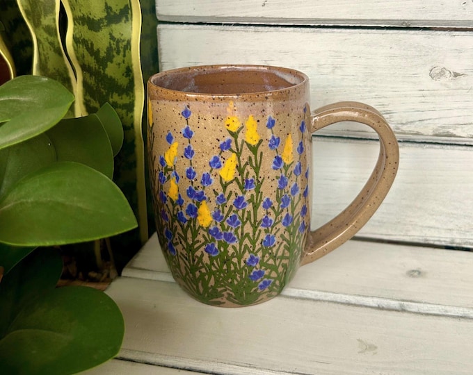 20oz Mountain wildflower Mug, Lavender, Yellow Eremurus, Yellow Foxtail flower Hand painted on speckled brown stone clay