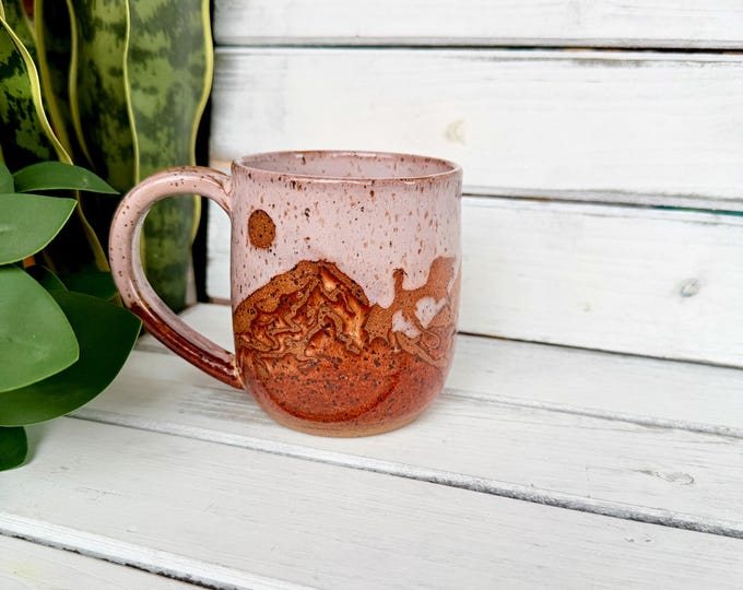 14oz Handmade Flying Dragon Ceramic Coffee Mug, Pink Resist Mountain