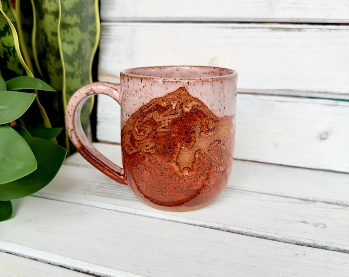 Handmade Flying Dragon Ceramic Coffee Mug, Pink Resist Mountain