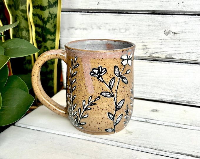 16oz Handmade Black and White Floral Coffee Mugs on Speckled Brown Stone, Each Unique