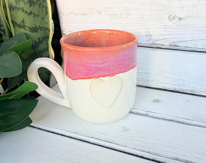 16oz Handmade Hot Pink and White Ceramic Mug With Heart