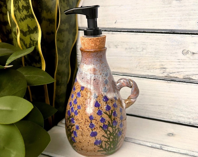 Handmade pump dispenser, Hand Painted Lavender Soap Dispenser, Holds Approximately 10oz