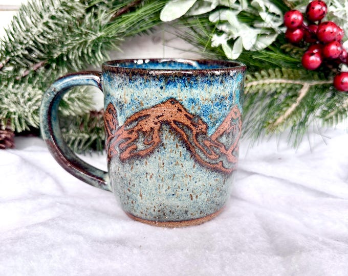 16oz Handmade Ceramic Coffee Mug With Resist Mountain Design