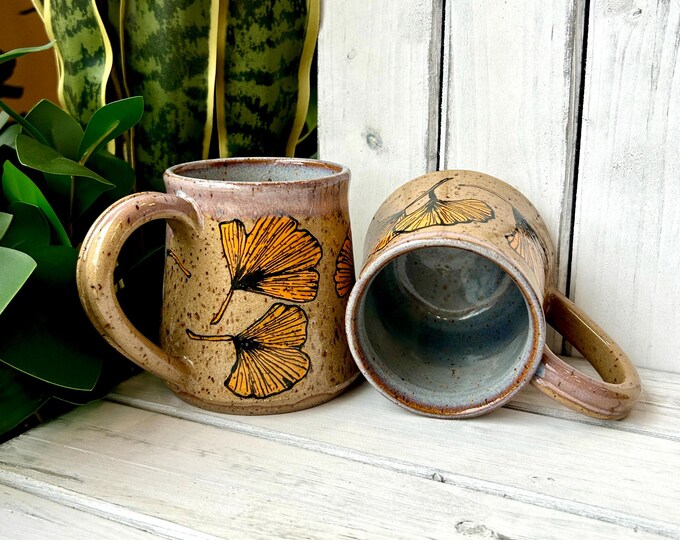 12oz, 14oz or 16oz Handmade, Hand Painted Autumn Leaf Mug, Ginkgo Leaf Mug On Speckled Brown Stone