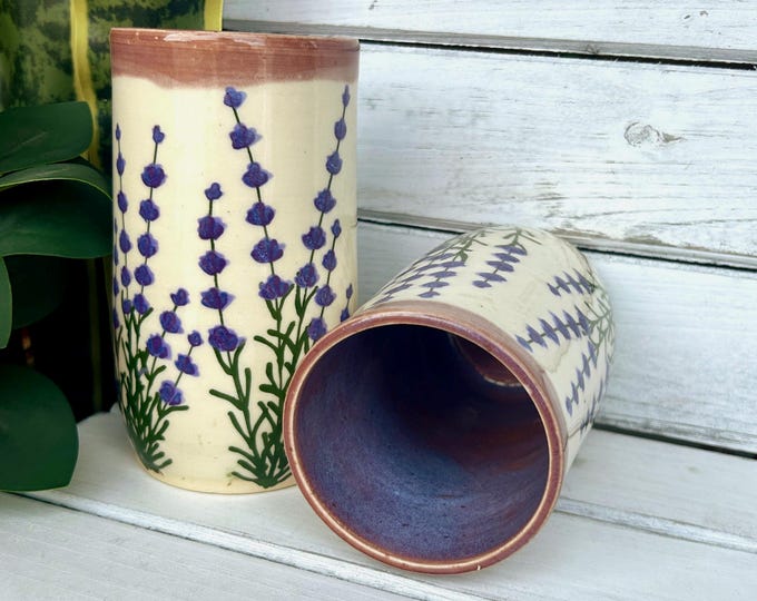 Handmade Ceramic Tumbler, Hand Painted Lavender Tumbler on White Stoneware