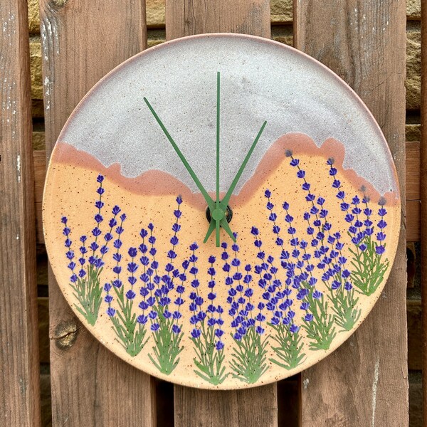 Handmade Ceramic Clock, Hand Painted Ceramic Lavender Wall Clock 11", Wall Art, Hand Painted Wall Art, Speckled Brown Stone Clay Clock