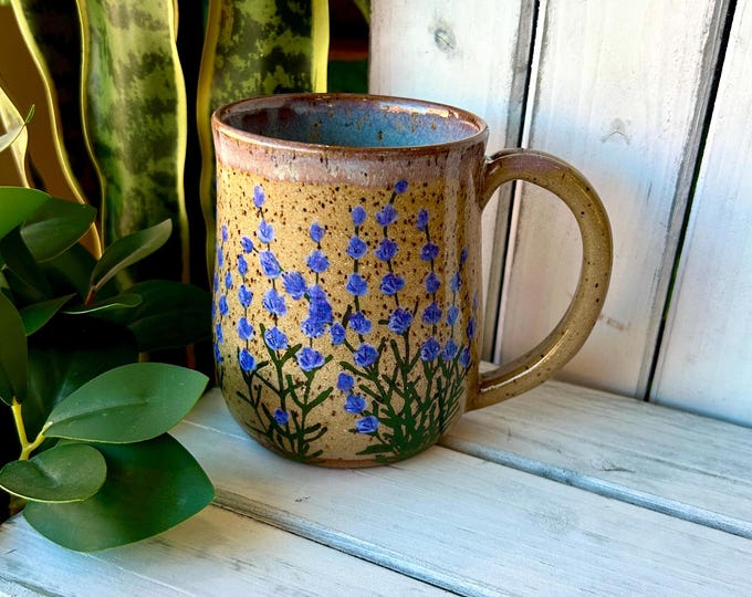 Handmade Lavender Pottery Mug On Speckled Brown Stone, Ceramic Coffee Mug, Floral Coffee Mug, Wildflower Mug, Various Sizes Available