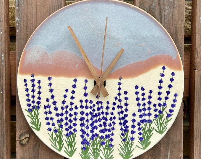 Handmade Ceramic Clock, Hand Painted Ceramic Lavender Wall Clock 11", Wall Art, Hand Painted Wall Art, Speckled Brown Stone Clay Clock