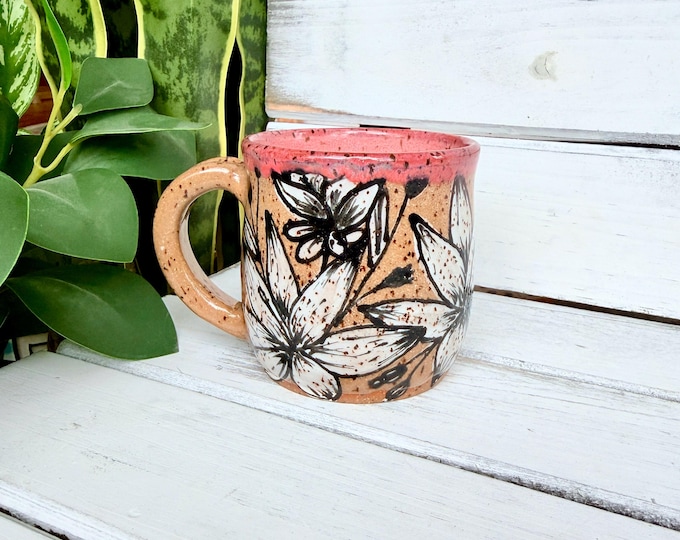 10oz Handmade Black and White Floral Coffee Mugs on Speckled Brown Stone