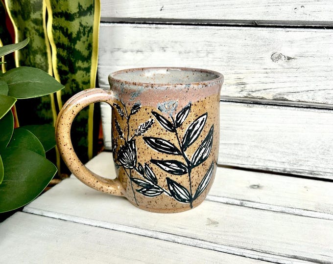 16oz Handmade Black and White Floral Coffee Mugs on Speckled Brown Stone, Each Unique