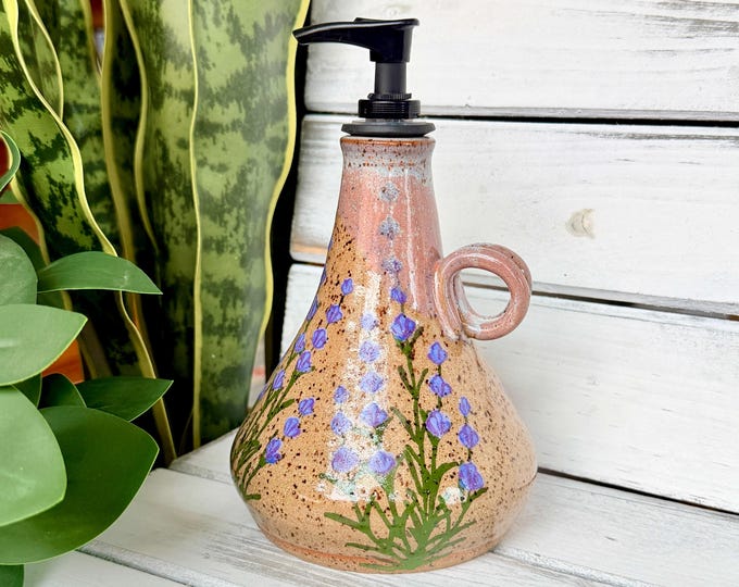 Handmade Ceramic Pump Dispenser, Hand Painted Lavender Soap Dispenser